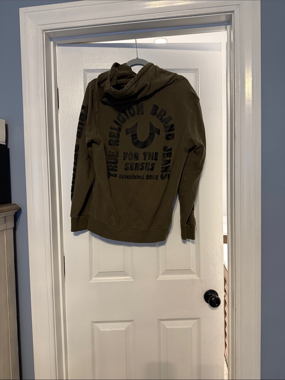 True Religion Olive Green Hooded Pullover Sweatshirt with Sleeve Logo - Picture 2 of 2